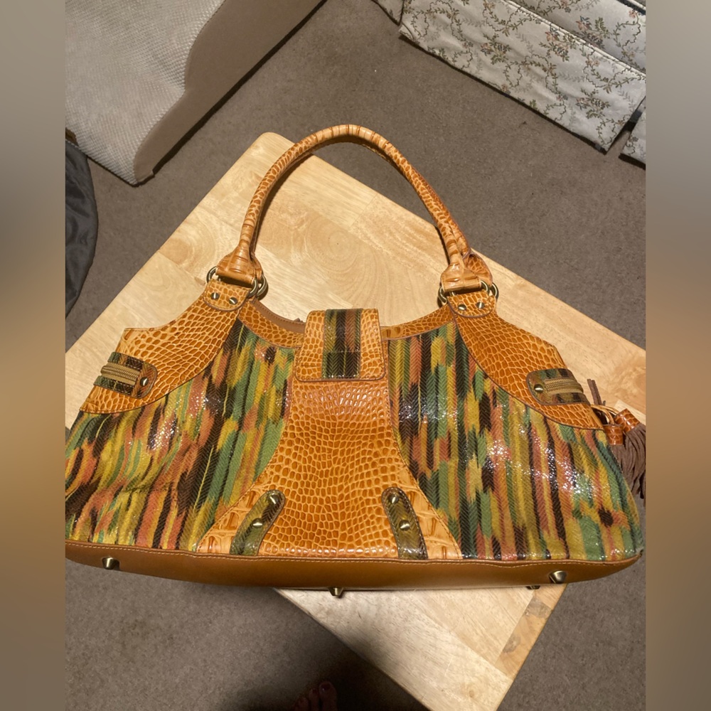 NWOT Sharif Studio Shoulder Bag Leather Multicolor Reptile Embossed Tassels - Picture 2 of 15